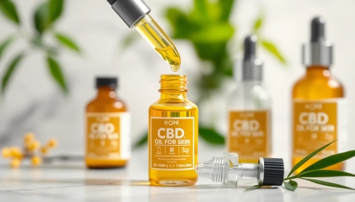 Showcasing CBD oil for skin in elegant bottles surrounded by a lush greenery backdrop.