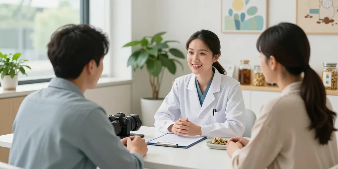 Patient consultation at 수원교통사고한의원 with a doctor discussing recovery treatments in a bright, modern clinic.