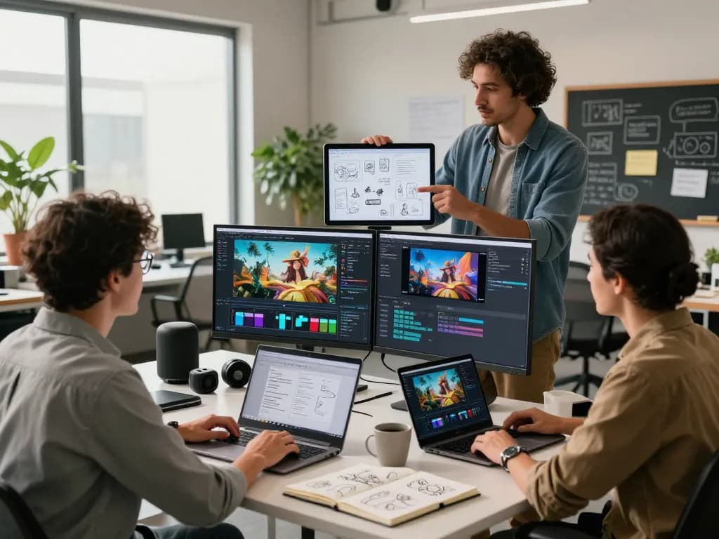 Creative team collaborating on video projects using seedance 2.0 in a modern workspace.