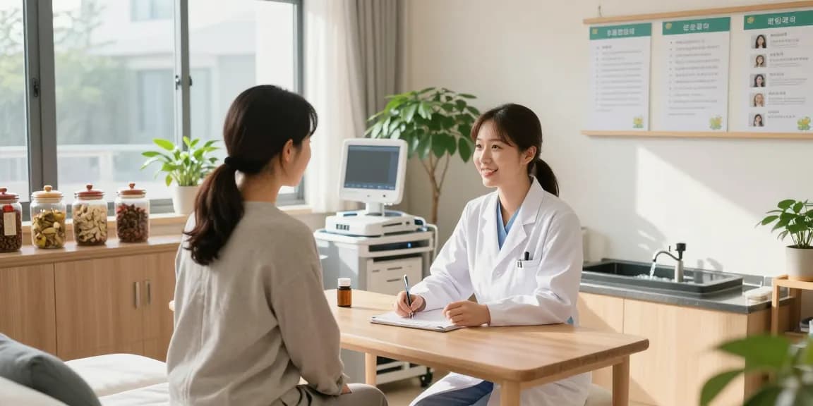 Consultation at 영통한의원 with an acupuncturist providing personalized care in a serene treatment room.