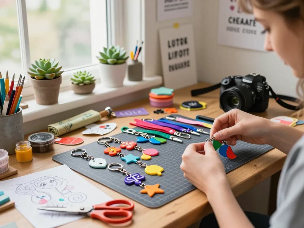 Creating custom lanyard keychain with colorful acrylic charms and vibrant fabrics.