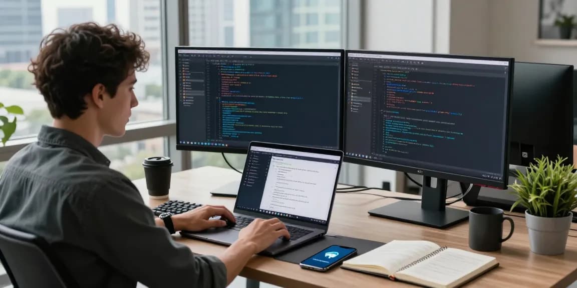 Engaging tech workspace showcasing a developer using 纸飞机中文版 for enhanced communication, with dual monitors and modern decor.