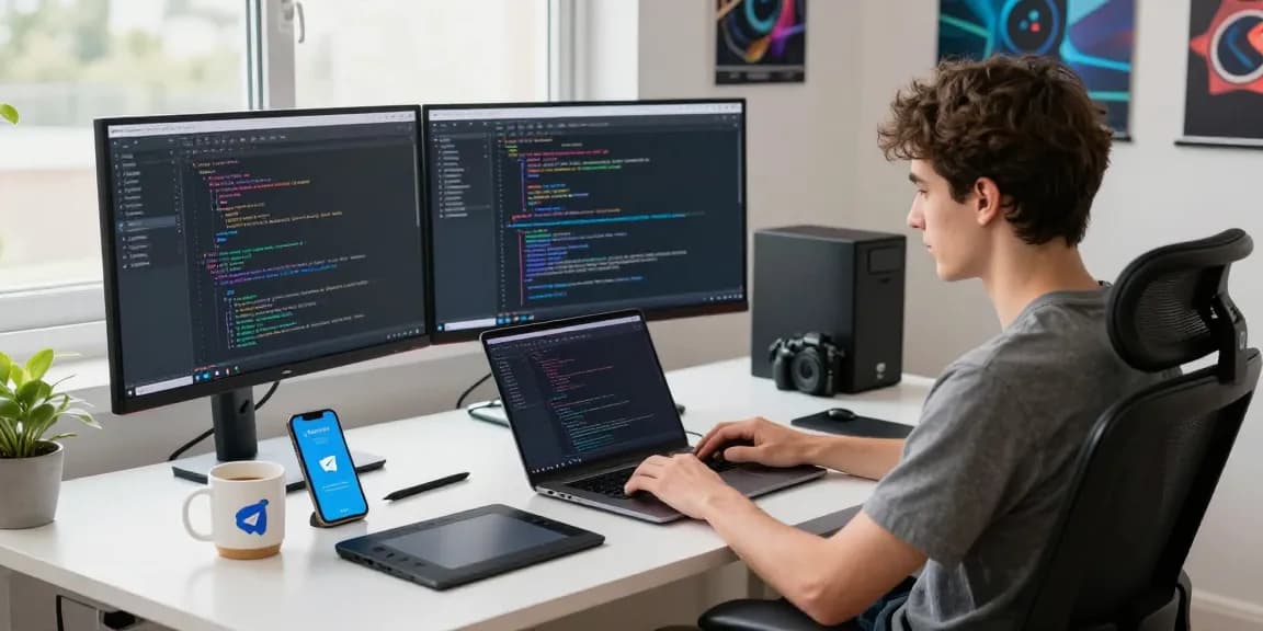 Efficient workspace with a developer coding the 纸飞机中文版 interface, showcasing modern tech gadgets and a dynamic office environment.