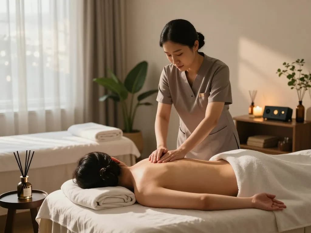 Client receiving a relaxing 구로마사지 therapy in a serene studio atmosphere