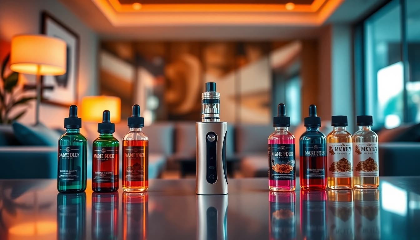 Showcase vape & e-liquids with a professional vaporizer and colorful e-liquid bottles highlighting variety.
