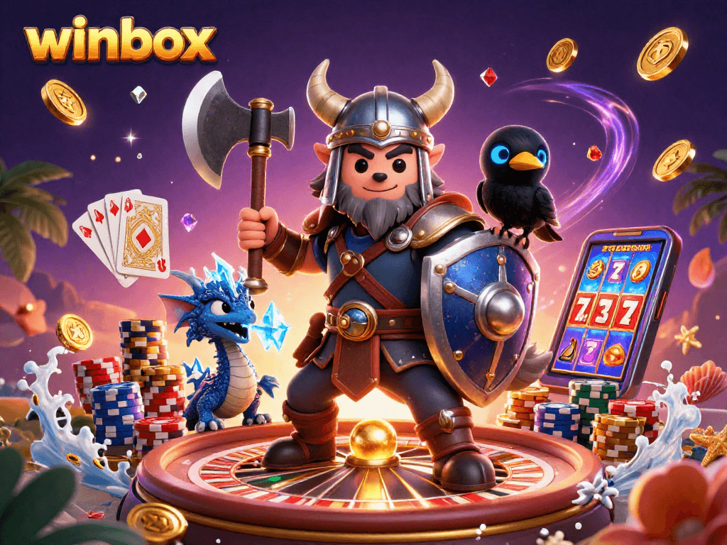 Winbox players enjoy thrilling slots with a Viking warrior, dragon, and raven amidst lively casino elements.