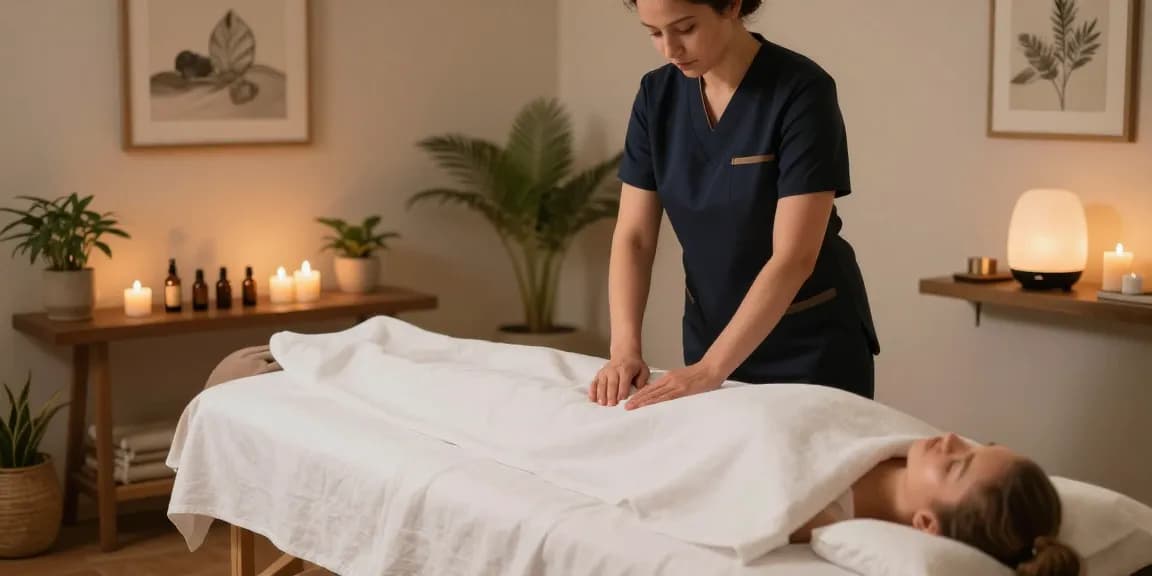 Relaxation scene for a Swedish massage, with soothing oils and calming decor.