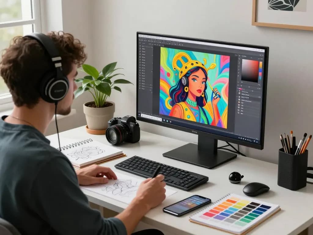 Digital artist using the nano banana 2 AI model in a creative workspace, surrounded by tools and vibrant generated images.