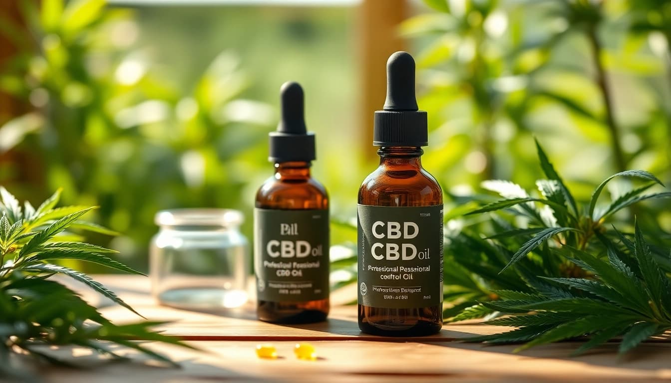 Showcasing a premium CBD Oil bottle surrounded by fresh hemp leaves on a wooden surface.