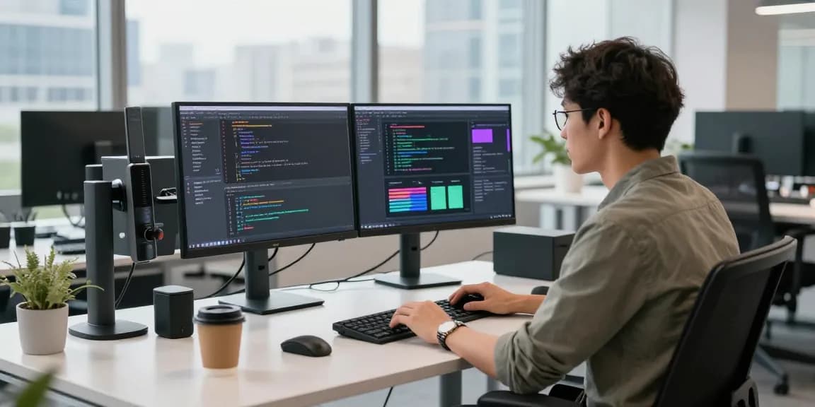 Software developer coding with 纸飞机中文版 app interface in a modern office environment.