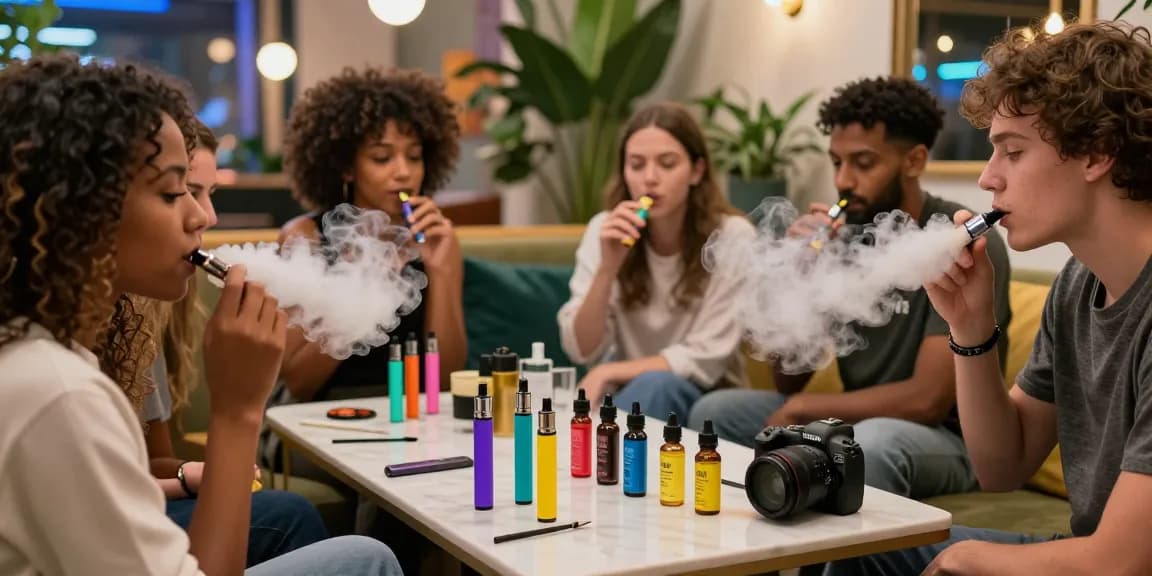 Weed vape enthusiasts enjoy flavorful THC vape e-liquids in a stylish lounge.