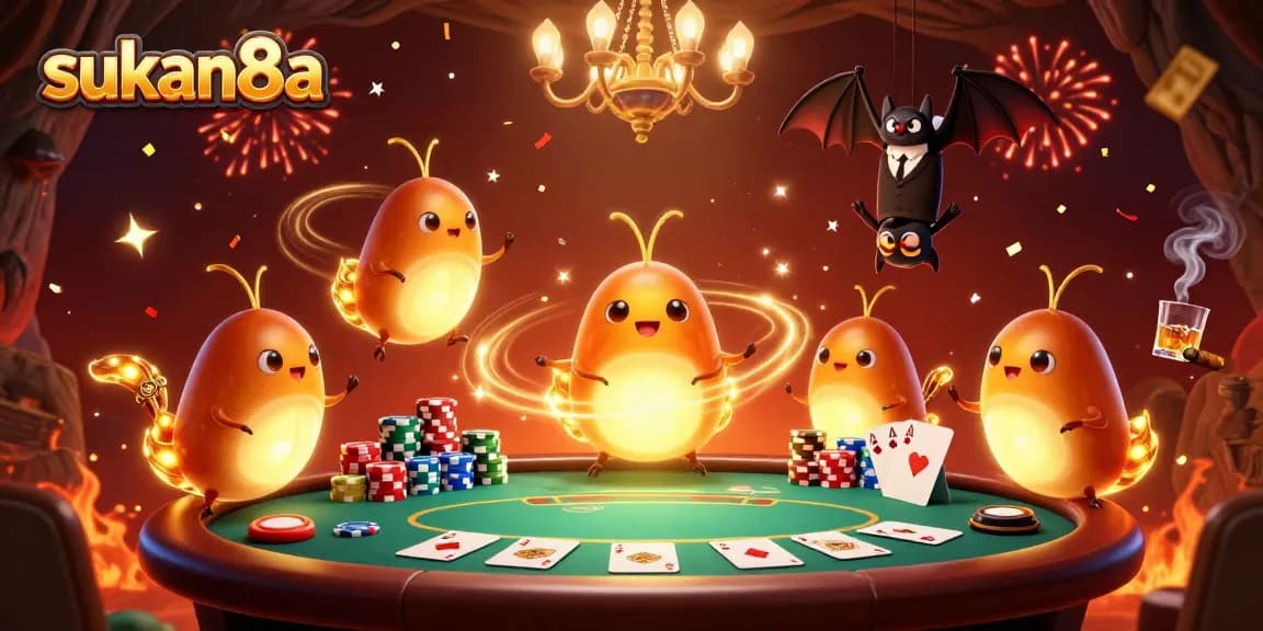 Experience thrilling gameplay at sukan8a with a vibrant casino scene illuminated by magical glowworms.