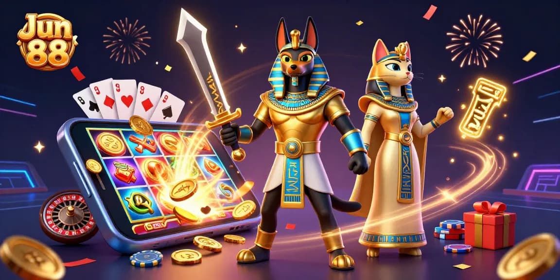 Experience thrilling games at Jun 88 with ancient Egyptian warriors and vibrant casino elements.