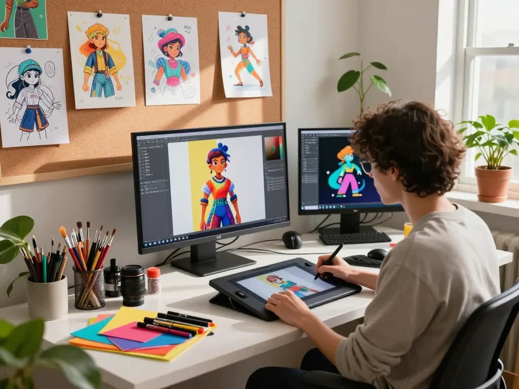 Creative artist designing NSFW AI characters in vibrant digital art studio with colorful sketches and 3D models.