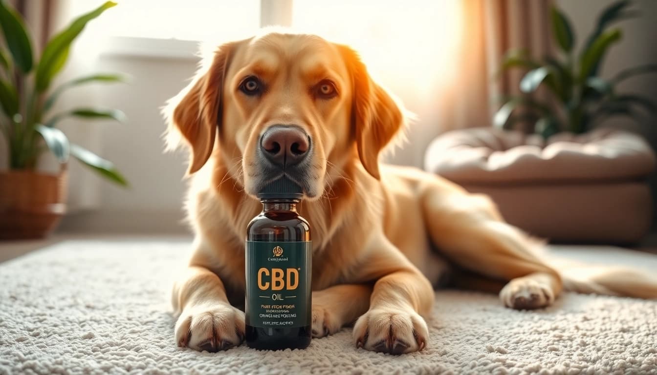 Golden retriever enjoying CBD Oil For Dog, showcasing a peaceful home setting and warmth.