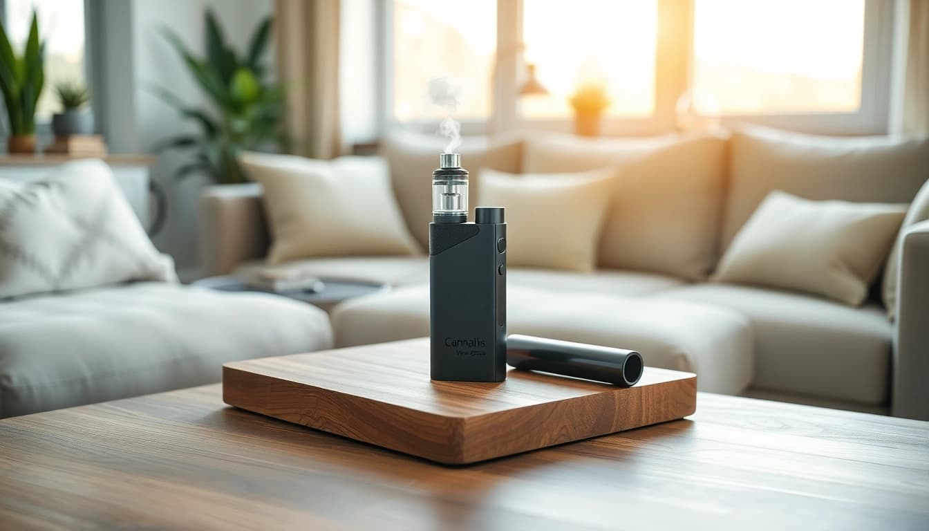 Engaging Cannabis Vape device releasing vapor in an inviting living room setting.