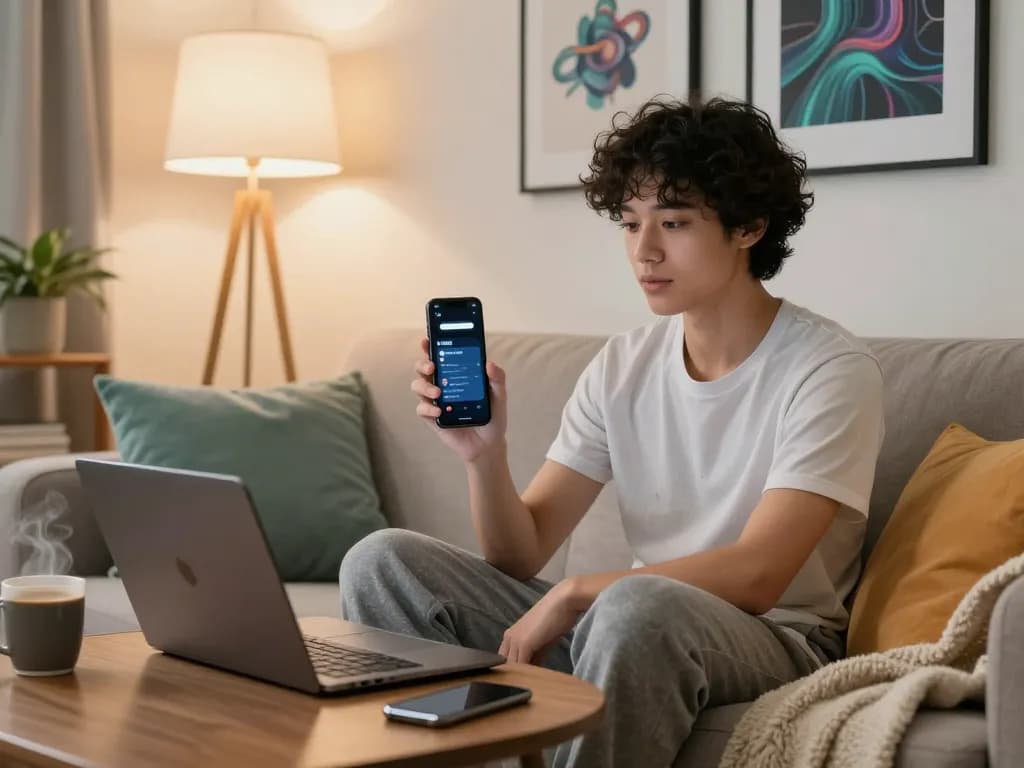 User enjoying a porn AI chat experience in a cozy home office setting with laptop and warm decor.