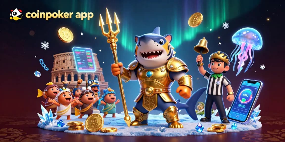 Gioca con la CoinPoker app, casinò digitale con un squalo gladiatore in azione tra pesci festanti e simboli crypto.
