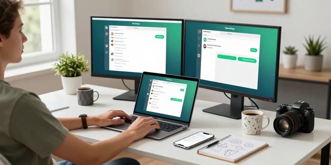 Engaged user interacting with WhatsApp電腦版 on a modern workspace setup.