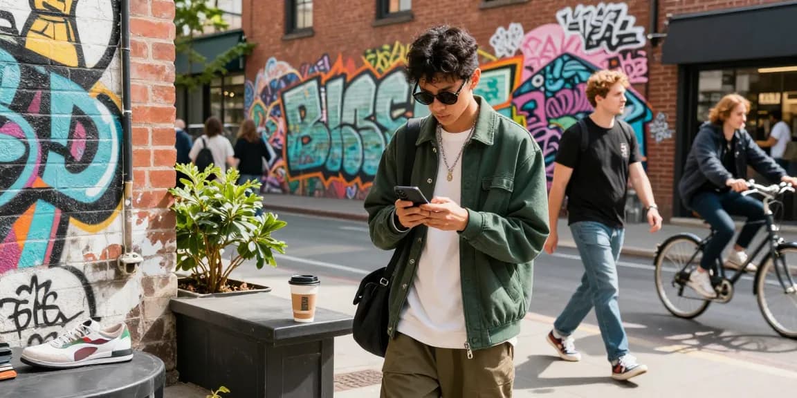 Exploring fashionable streetwear collection at https://shs-dome5.com/ in vibrant urban environment.