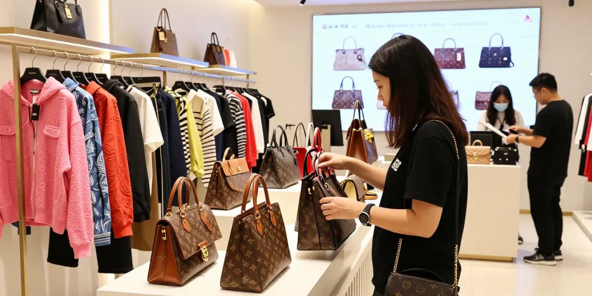Shopping for high-quality 레플리카 사이트 designer bags in a modern retail environment, vibrant atmosphere.