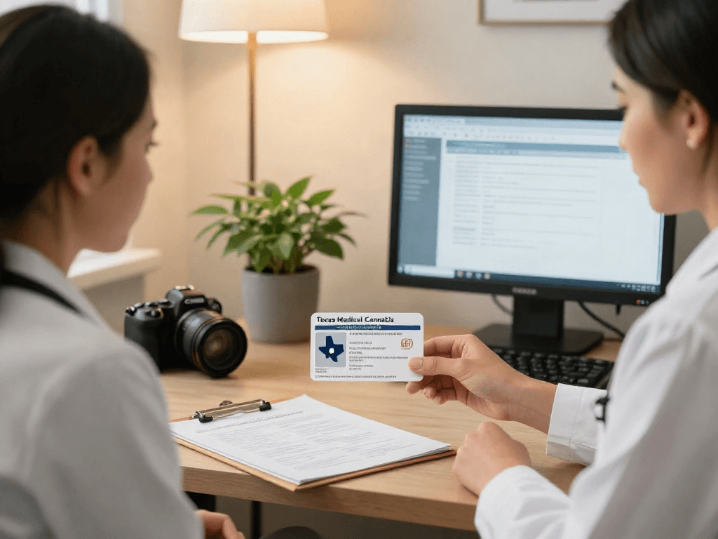 Texas Medical Cannabis Card consultation with a healthcare professional in a welcoming office setting.