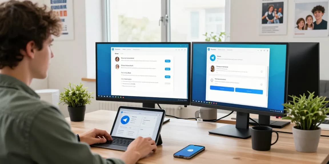 Using the 纸飞机中文版 app in a modern tech workspace, showcasing communication features and a productive setup