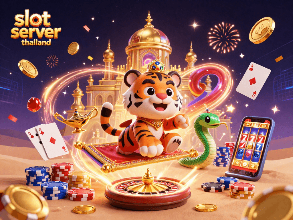 Spin the reels with slot server thailand in this vibrant casino illustration featuring a tiger sultan and treasures.