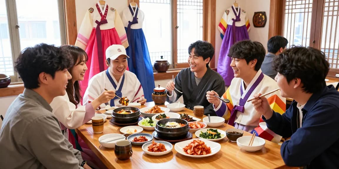 Diverse group enjoying traditional cuisine at 상봉동 한국관, warm dining atmosphere.