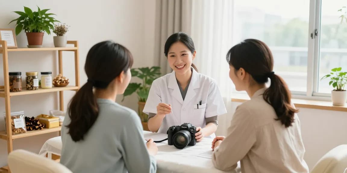 Consultation at 수원한의원 with practitioner and patient in a soothing healing environment.