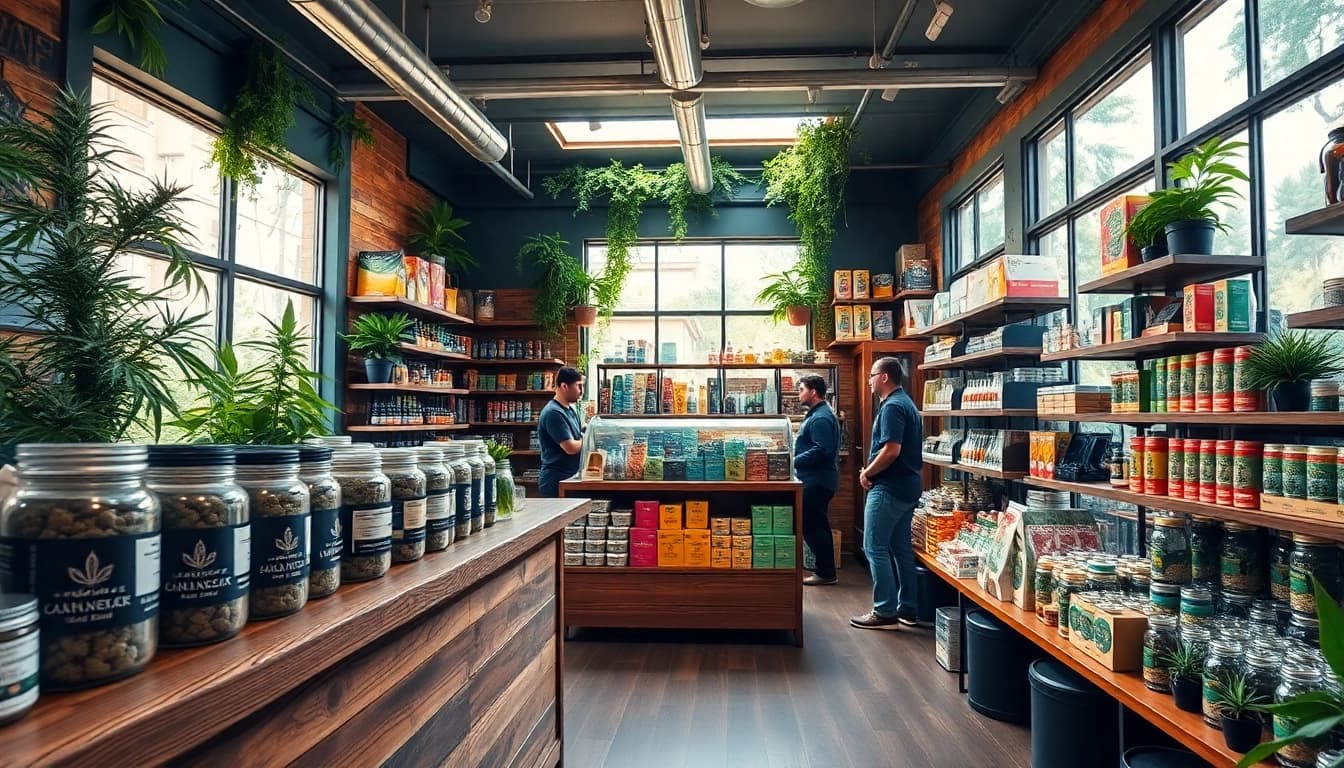 Discover the vibrant atmosphere of a Weed Store showcasing a friendly staff and diverse cannabis products.