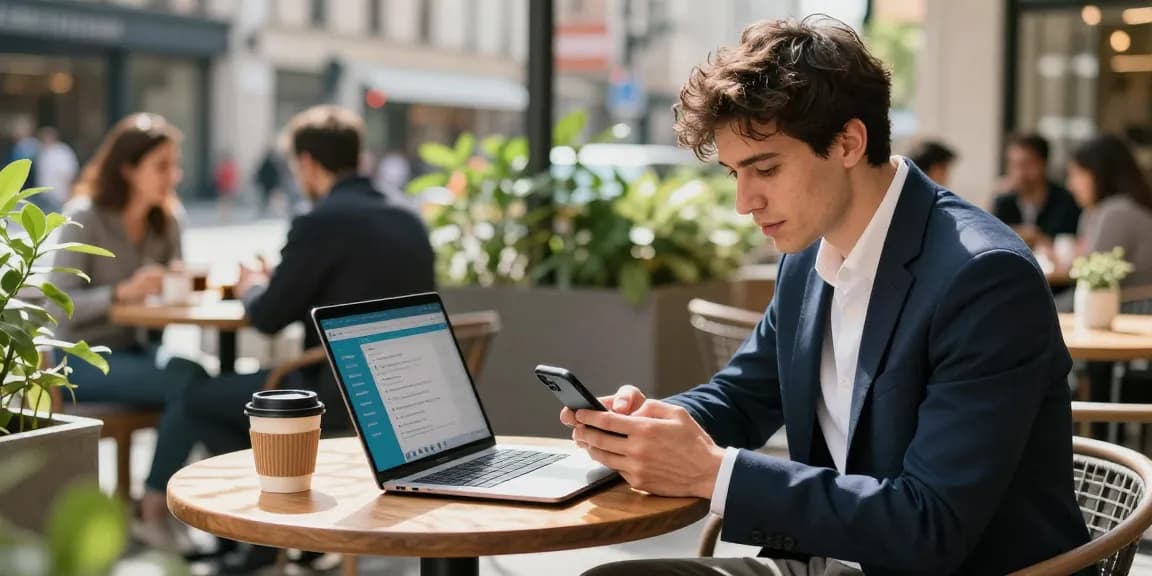 Young professional engaging with Telegram中文版 on a smartphone at a café with an open laptop.
