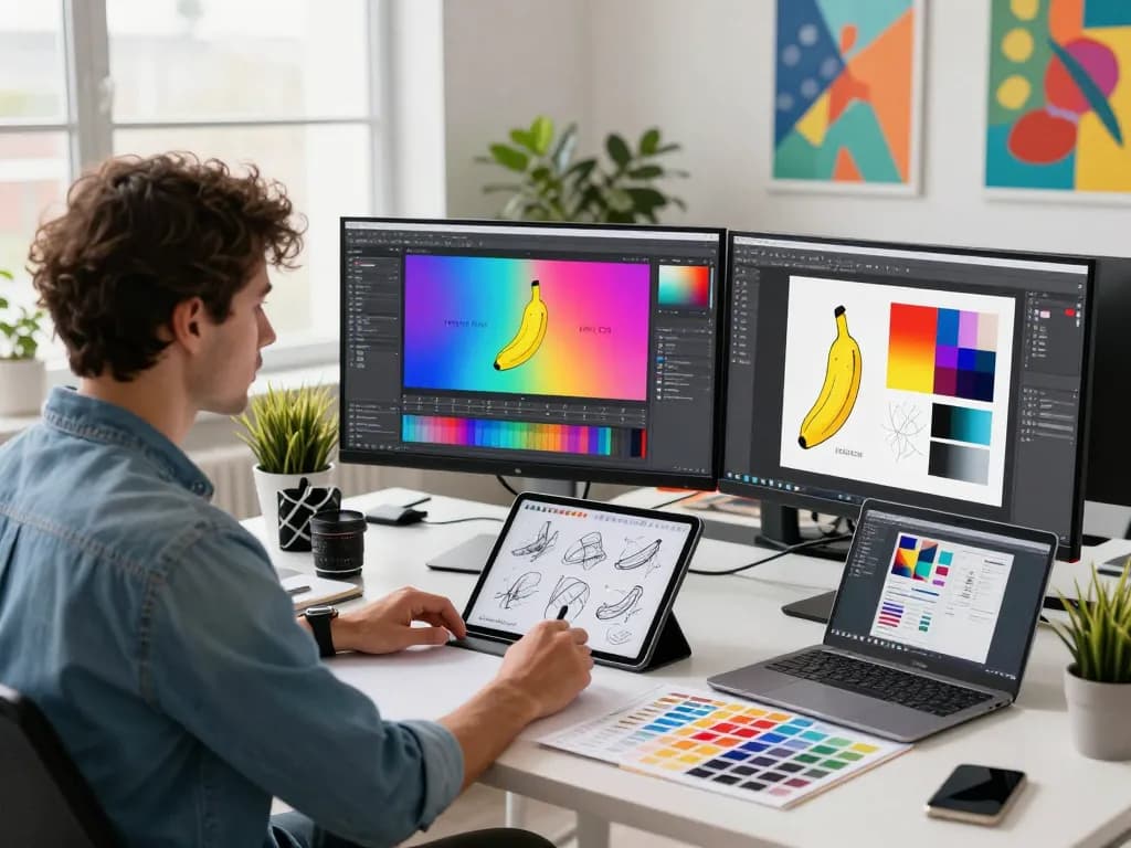 Designer editing stunning visuals with nano banana 2 in a bright contemporary workspace.
