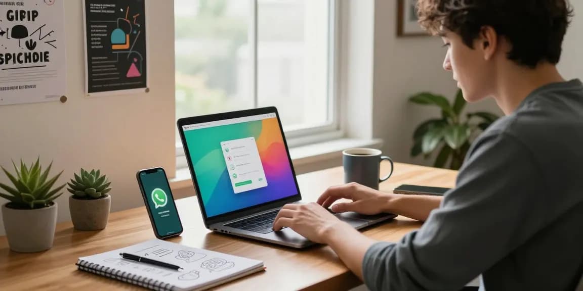 Person using WhatsApp電腦版 in a cozy home office with laptop and smartphone.