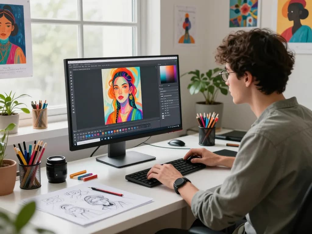 Digital artist using nano banana pro in a vibrant creative workspace for innovative AI image editing.