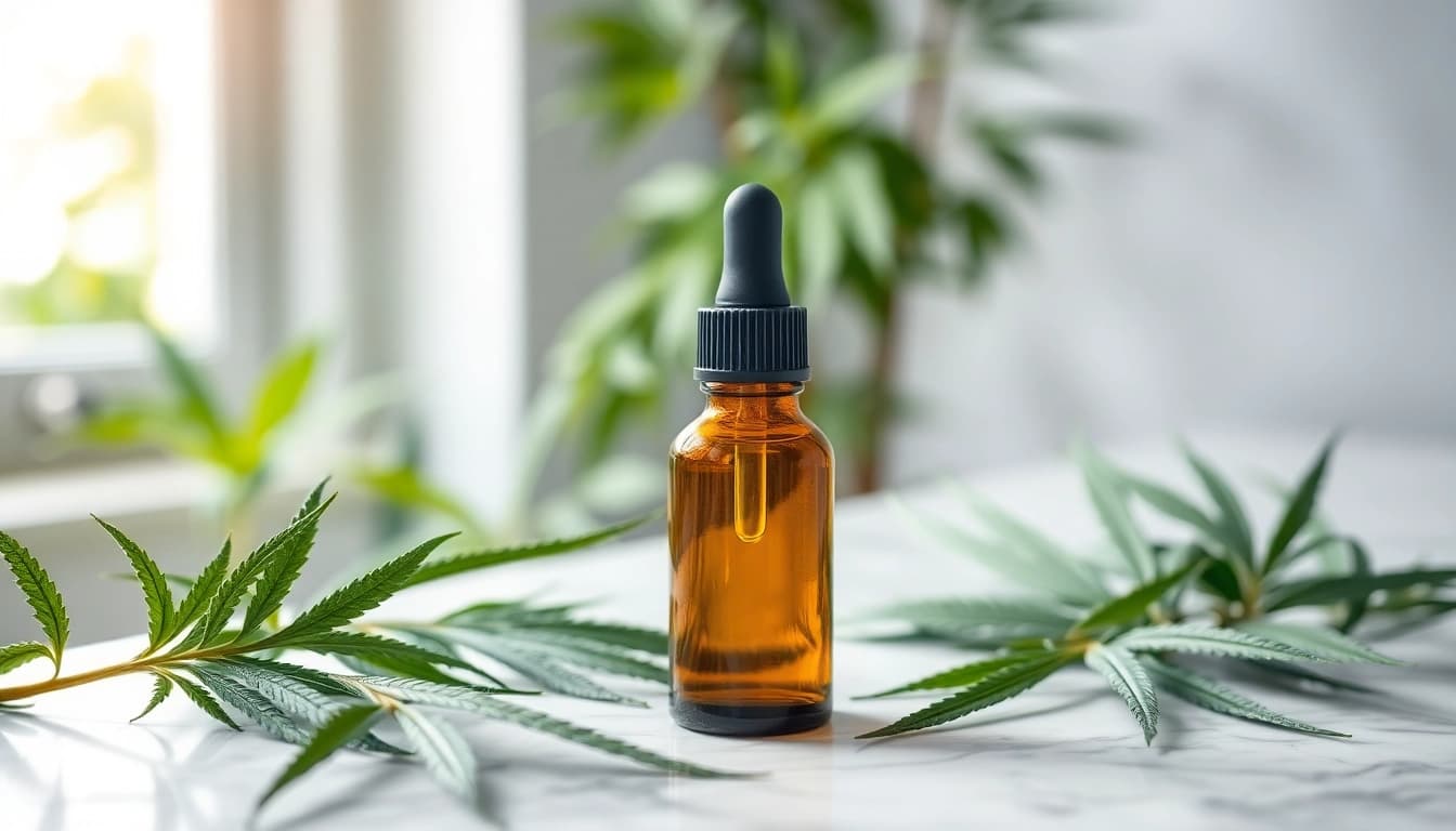 Showcase of CBD oil dropper bottle highlighted with green hemp leaves, conveying wellness and tranquility.