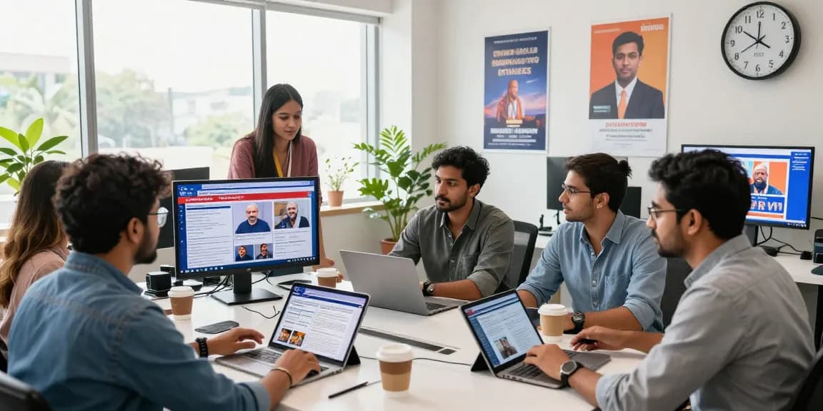 Breaking news discussions at https://www.theindaily.com in a lively editorial office with journalists sharing updates.
