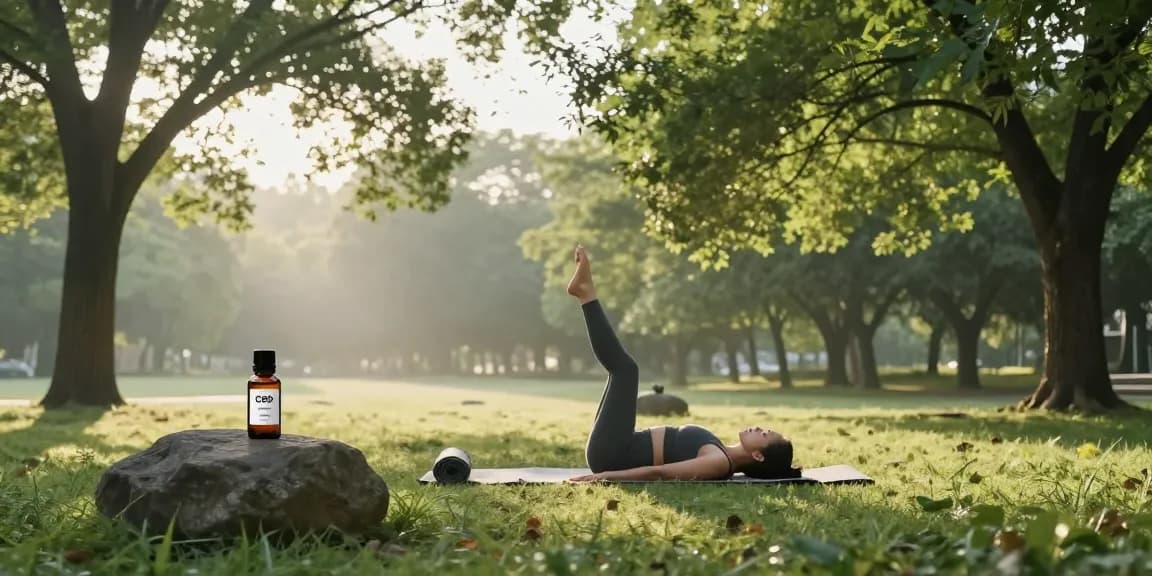 Ministry of Cannabis CBD oil bottle featured in peaceful outdoor yoga session, promoting wellness and relaxation.