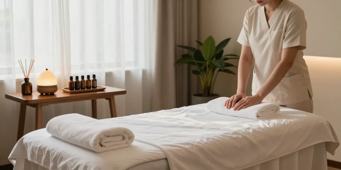 Massage therapy room with a calming atmosphere featuring a massage table, essential oils, and ambient lighting.