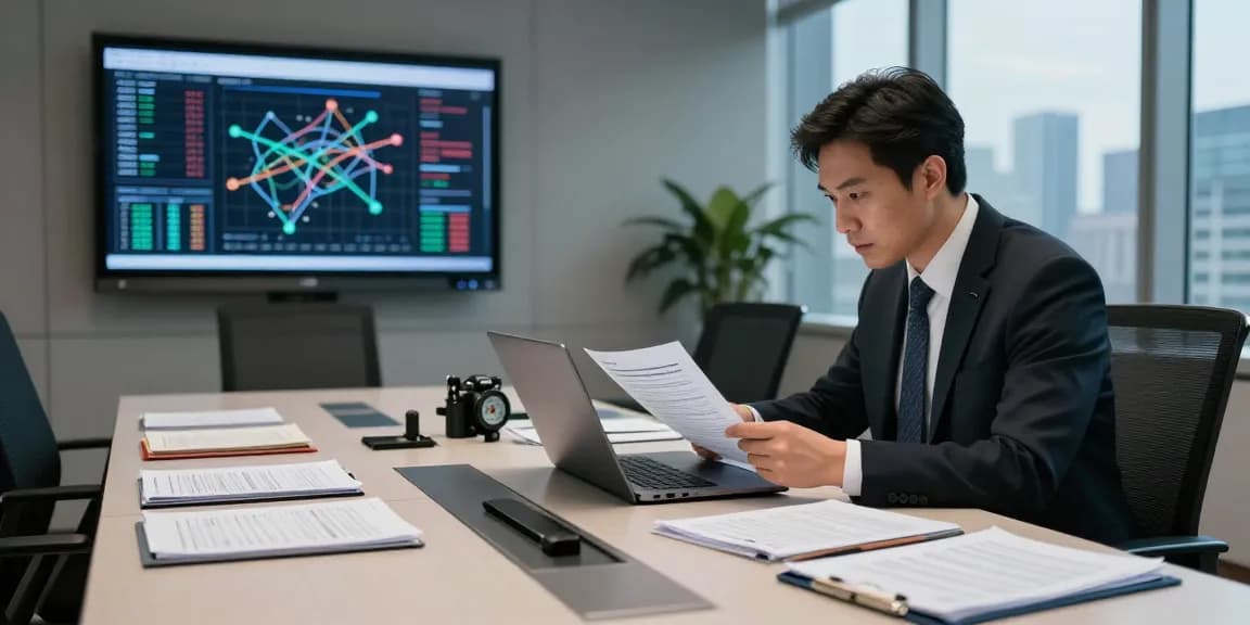 Forensic accountant analyzing asset tracing data in a modern office.