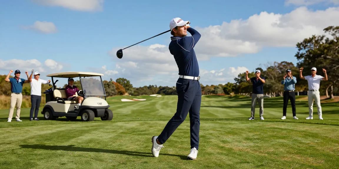 Golfer in stylish 골프웨어 레플리카 executing a swing on the golf course, surrounded by friends and vibrant nature.