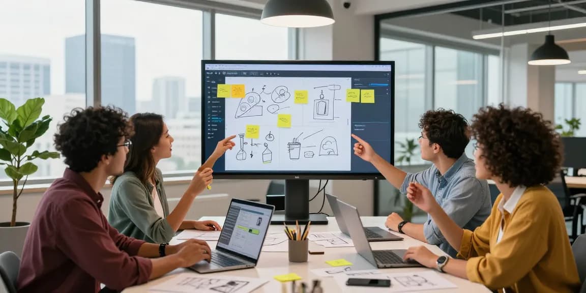 Team collaborating on a mixboard in a creative workspace, showcasing digital brainstorming.