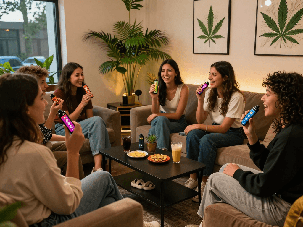 Friends enjoying Cake carts in a cozy cannabis lounge with vibrant vape pens.