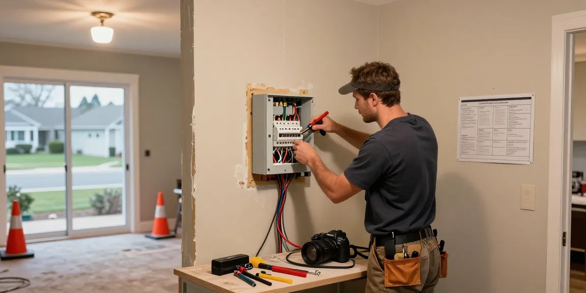 Home electrician rewiring residential electrical panel, see more details on upgrades.