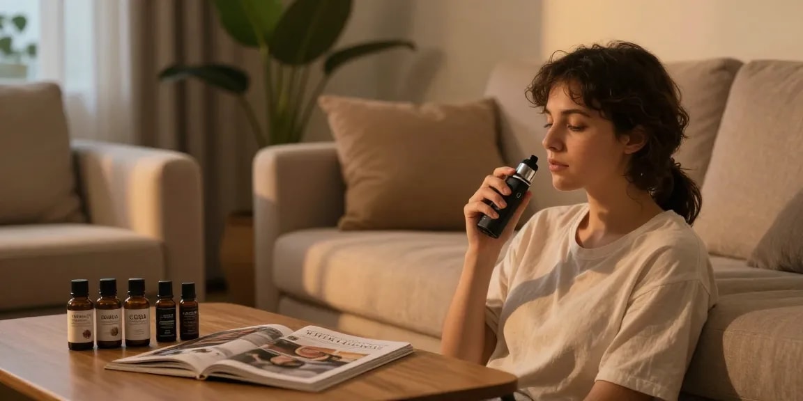 Packman weed vape displayed with CBD oils in a cozy living room, promoting natural wellness.