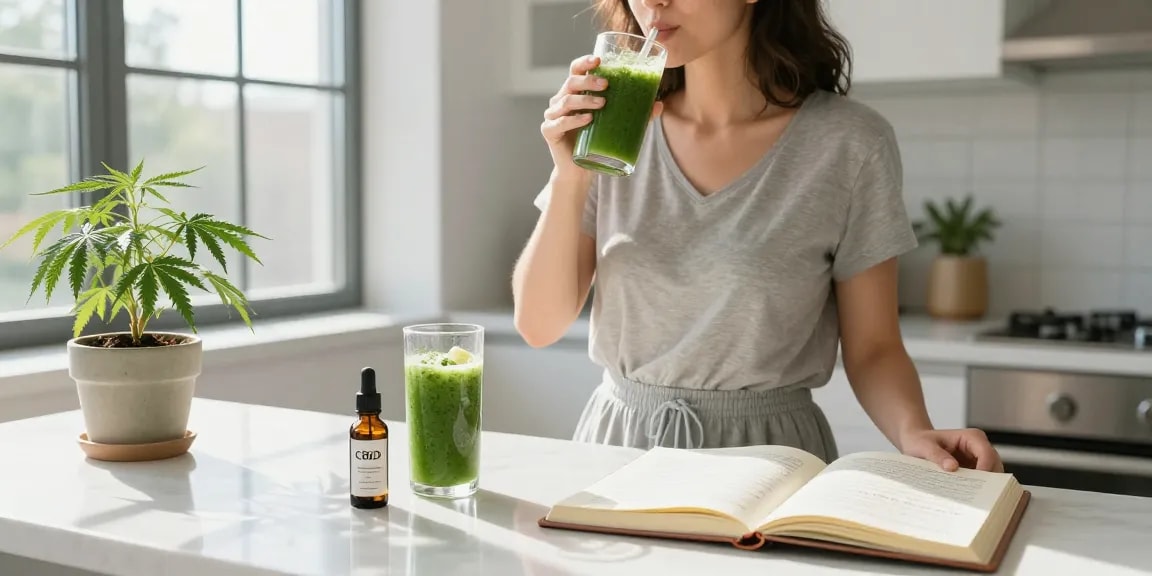 Muha med quality CBD oil tincture and wellness products in a natural kitchen setting.