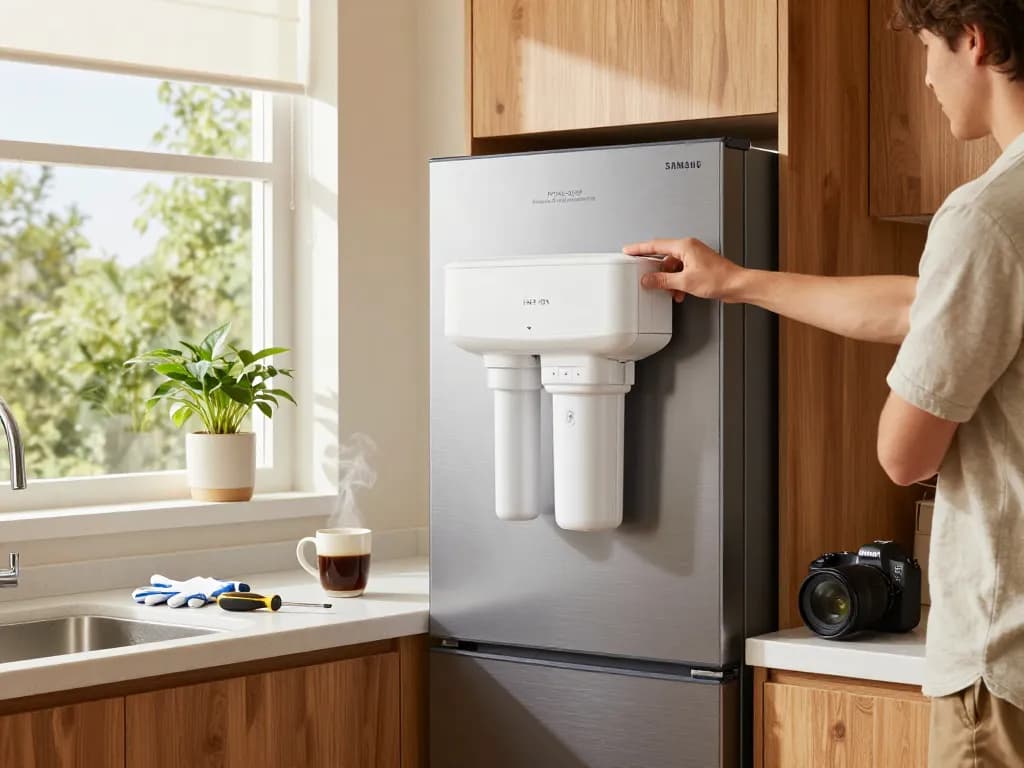Installing Filterlogic DA97-17376B Replacement for Samsung® HAF-QIN in a modern kitchen with plants and natural light