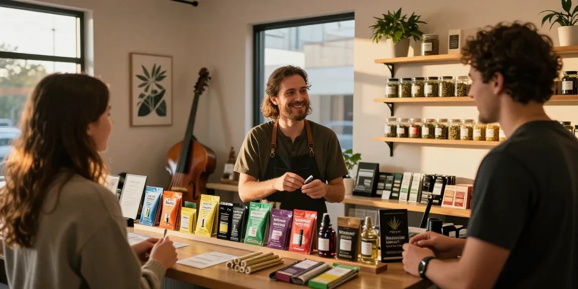 Muha med cannabis products displayed in a vibrant retail shop