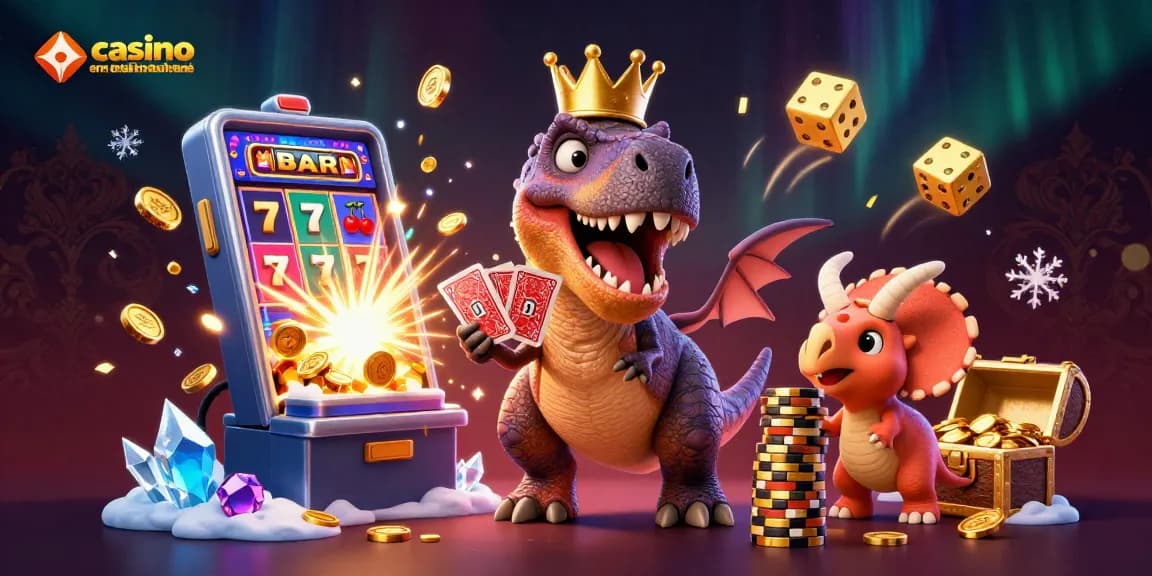 Casino en ligne retrait instantané : T-Rex distribuant des cartes et un triceratops empilant des jetons dorés.