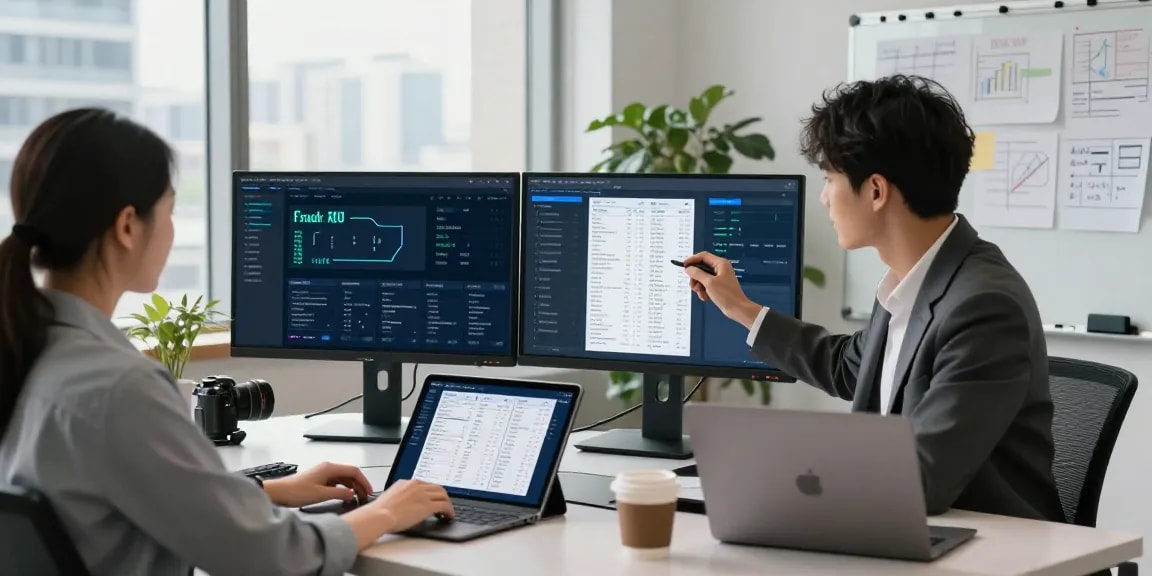 Detect fraud receipt with AI-powered technology in a modern office workspace, showcasing professionals analyzing digital data.